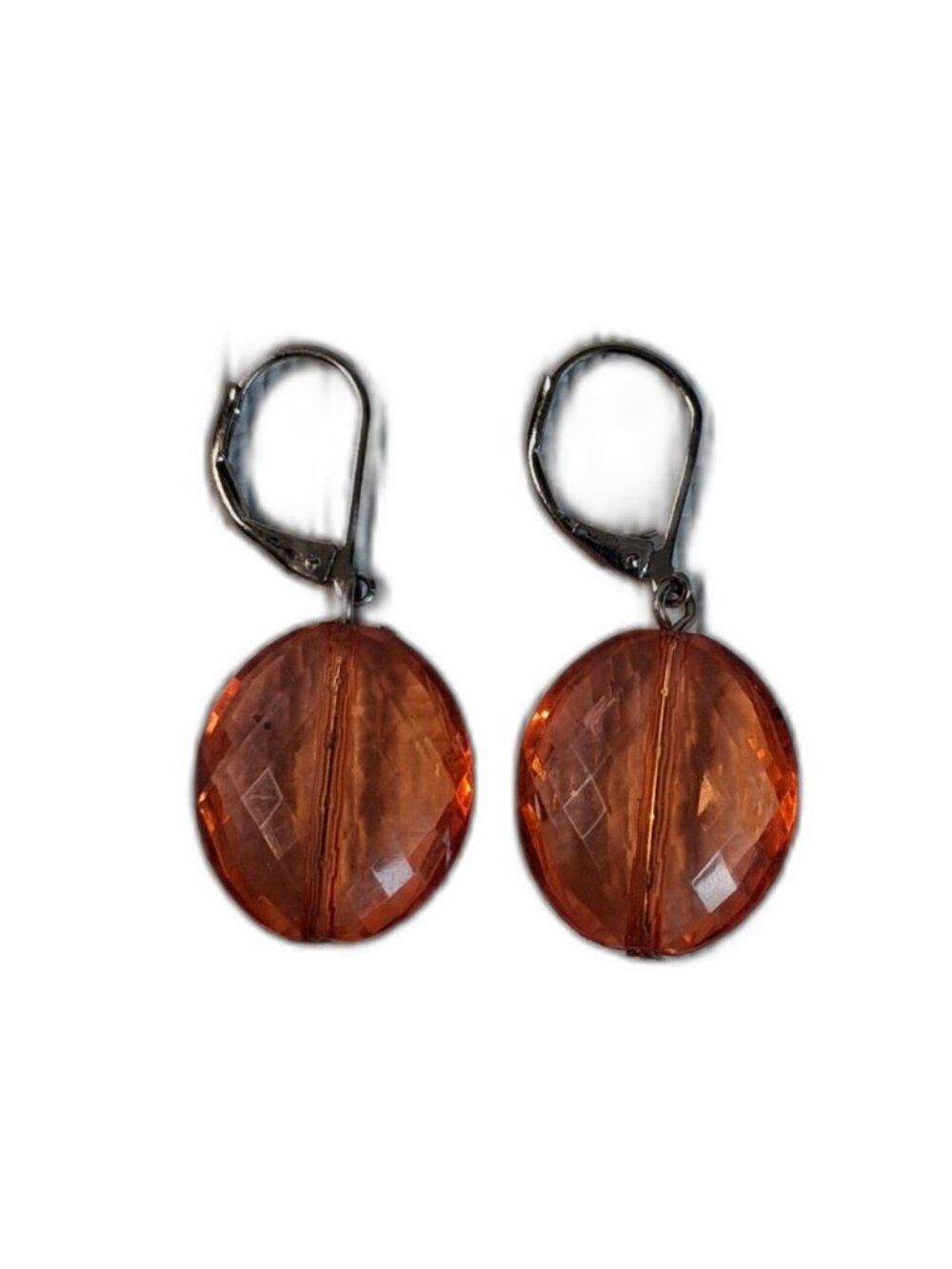 Transparent Orange Faceted Oval Acrylic Bead Lightweight Dangle Drop Earrings